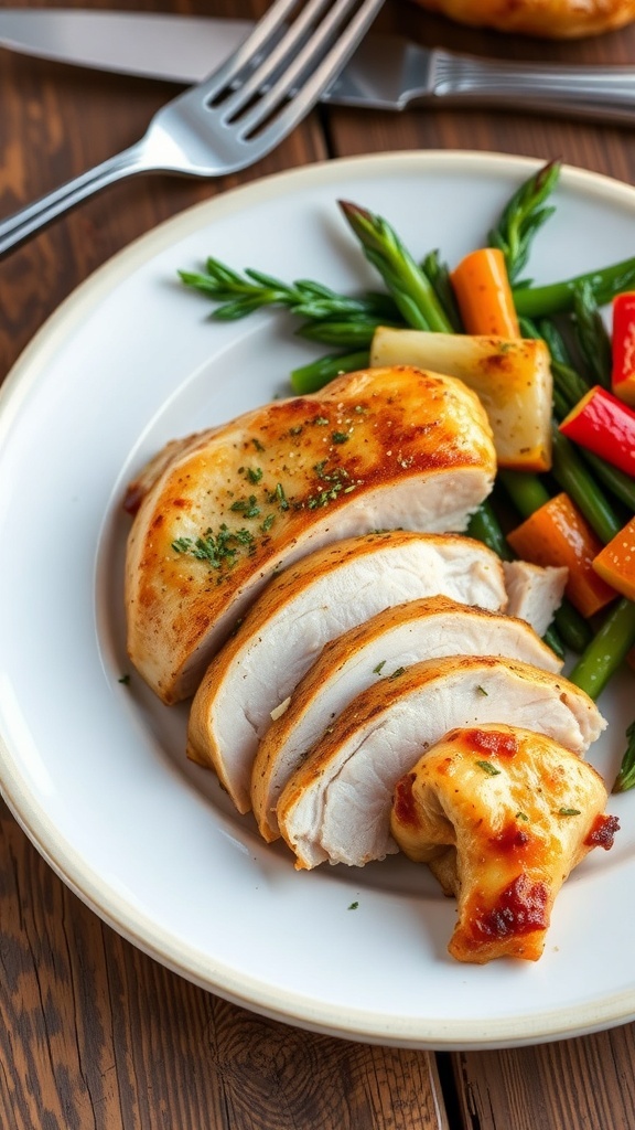 Juicy Instant Pot Chicken Breast Recipe Sliced juicy chicken breast on a plate with vegetables, showcasing its tenderness and flavor.
